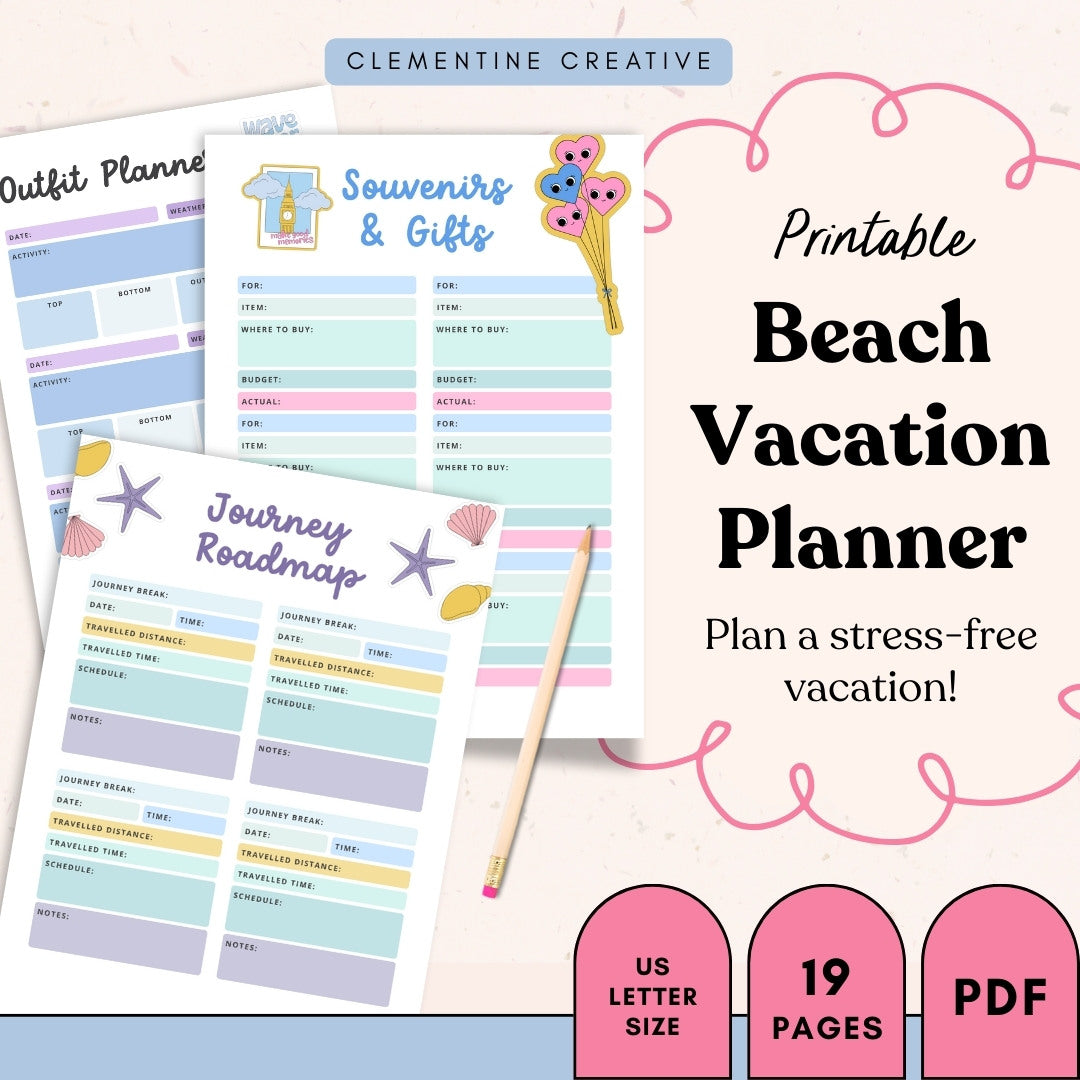 Printable Beach Vacation Planner PDF | 19 Pages (Cute Stickers Design ...