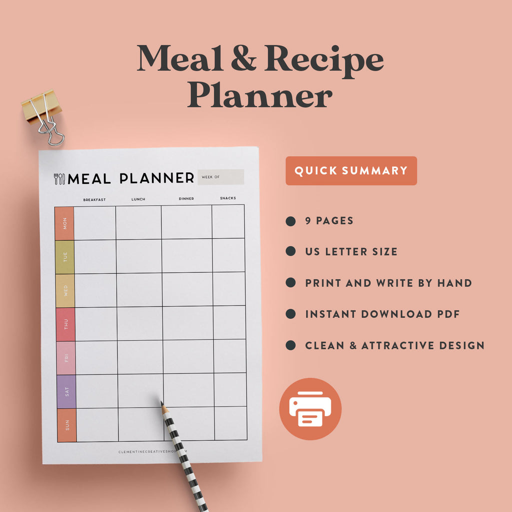 Meal and Recipe Planner Template (PDF Download) – Clementine Creative