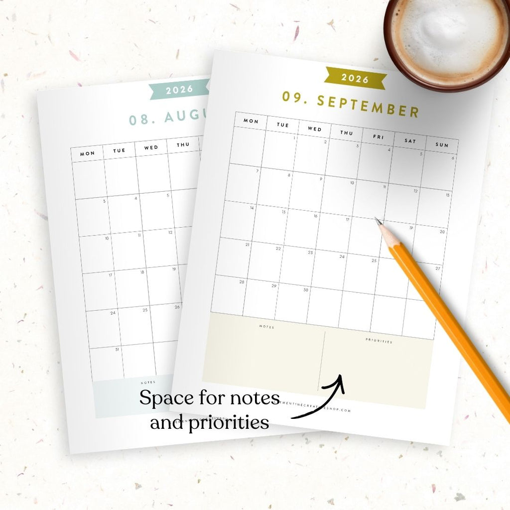 portrait printable 2026 calendar with notes section