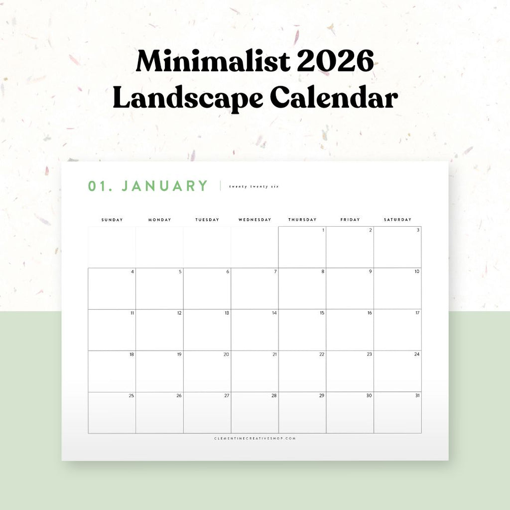 Minimalist 2026 landscape calendar on a light green background