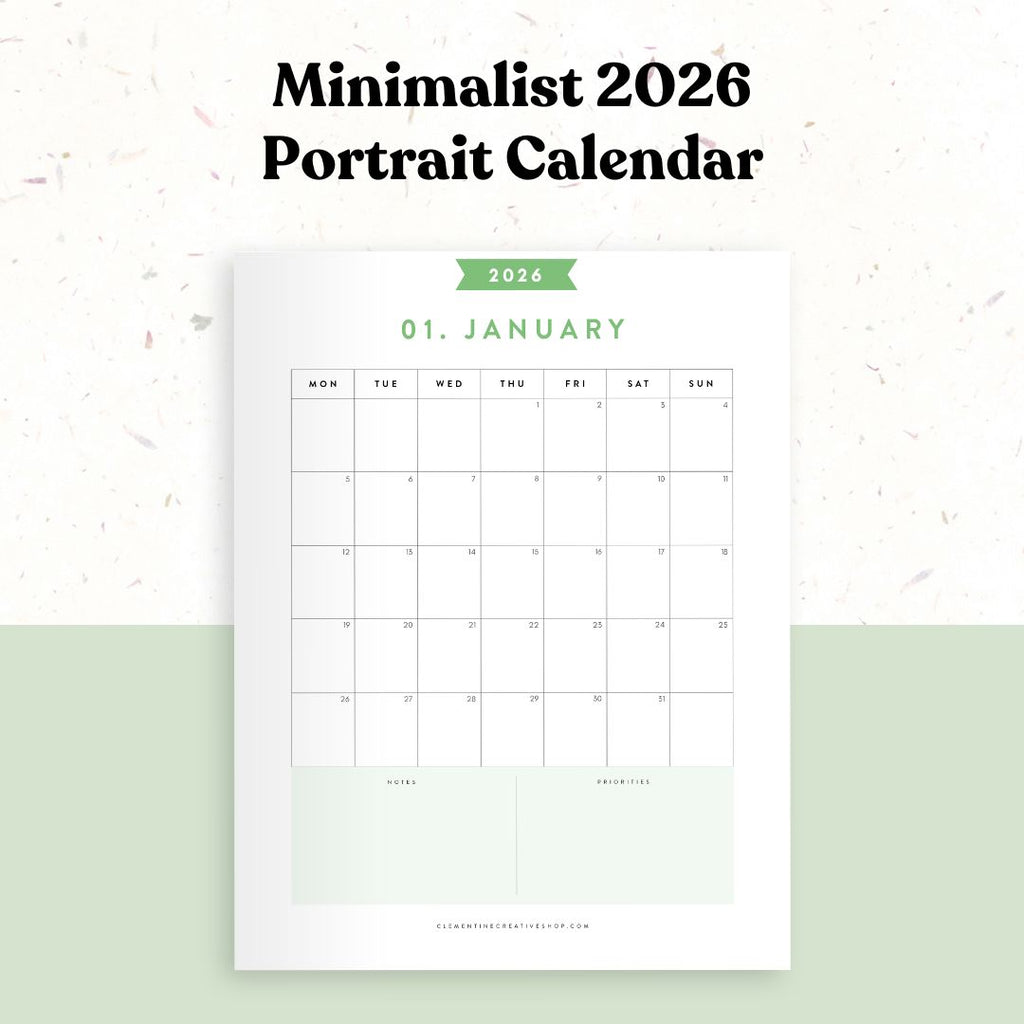 Minimalist 2026 Portrait Calendar with a white background and green footer