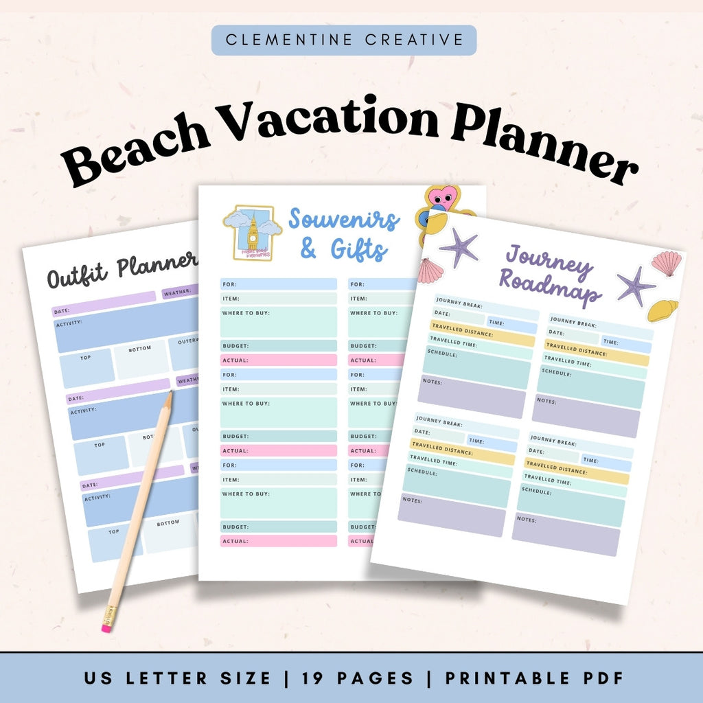 Printable Beach Vacation Planner PDF | 19 Pages (Cute Stickers Design ...