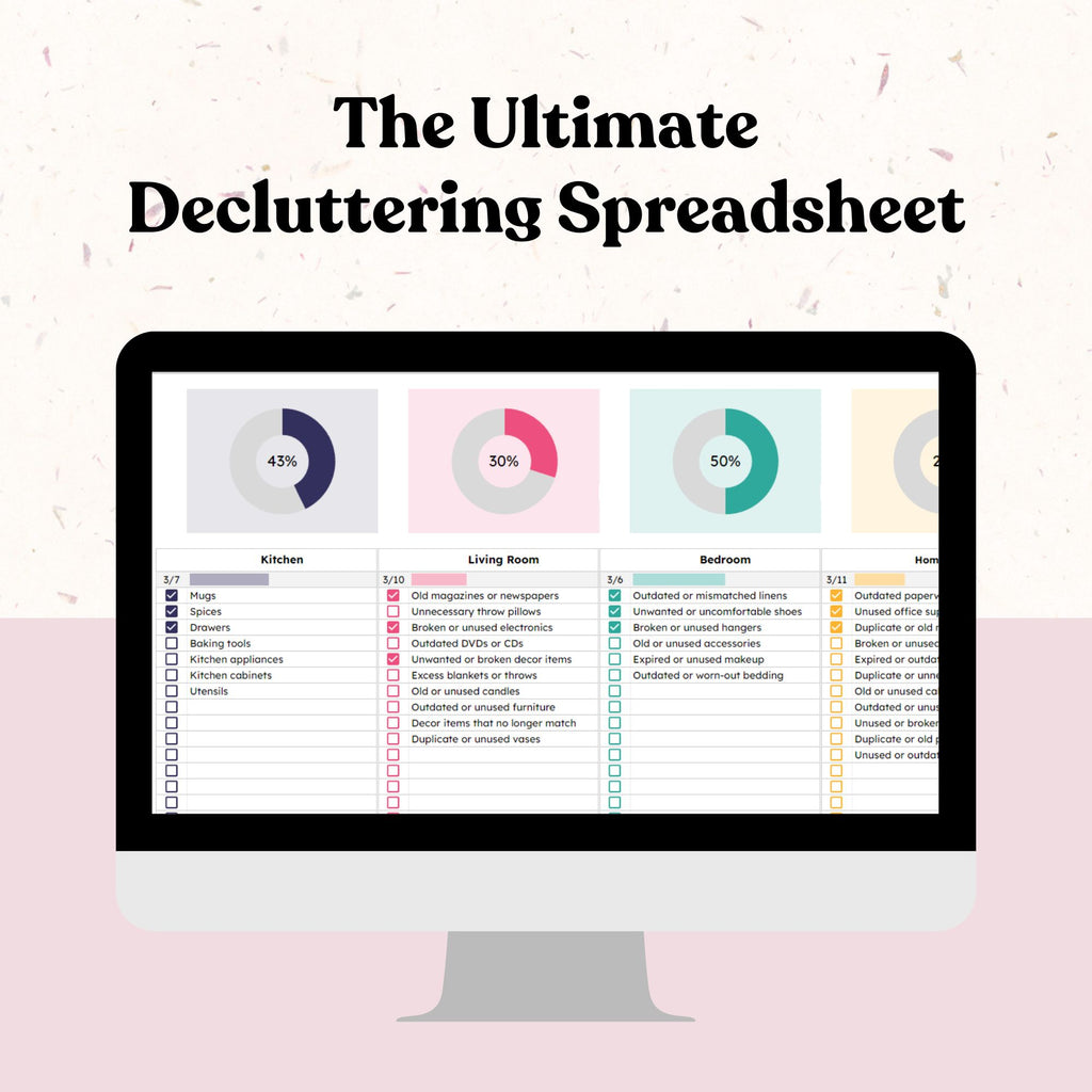 Computer screen displaying 'The Ultimate Decluttering Spreadsheet' with various categories and checkboxes on a light pink background.