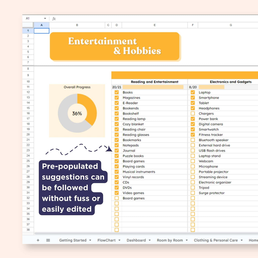 decluttering checklist template for Google Sheets