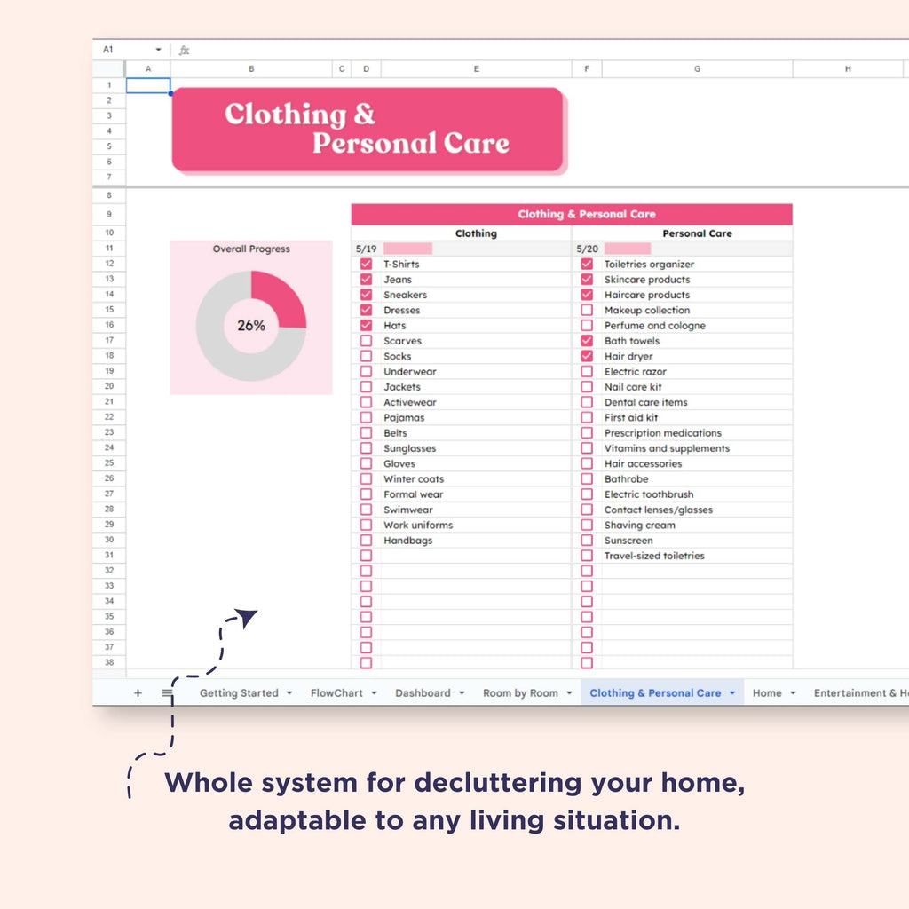 editable decluttering checklist for Google Sheets