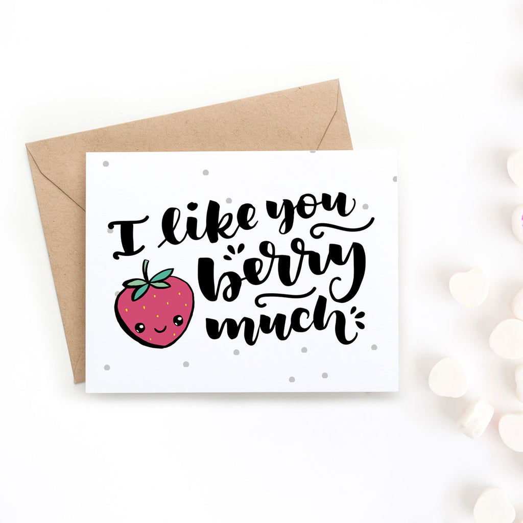 Surprise your valentine with this adorable hand-drawn Valentine's Day card. It says I like you berry much and was drawn in a cute style