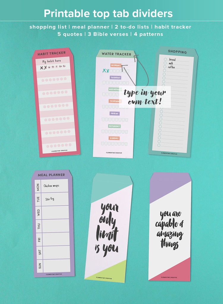 These printable top tab dividers help you keep the most important information right at your fingertips! Flip to the right page easily and quickly left off where you were last. These tab dividers are just what you need to keep your planner or agenda organised. These can also be used as bookmarks. Download them right here